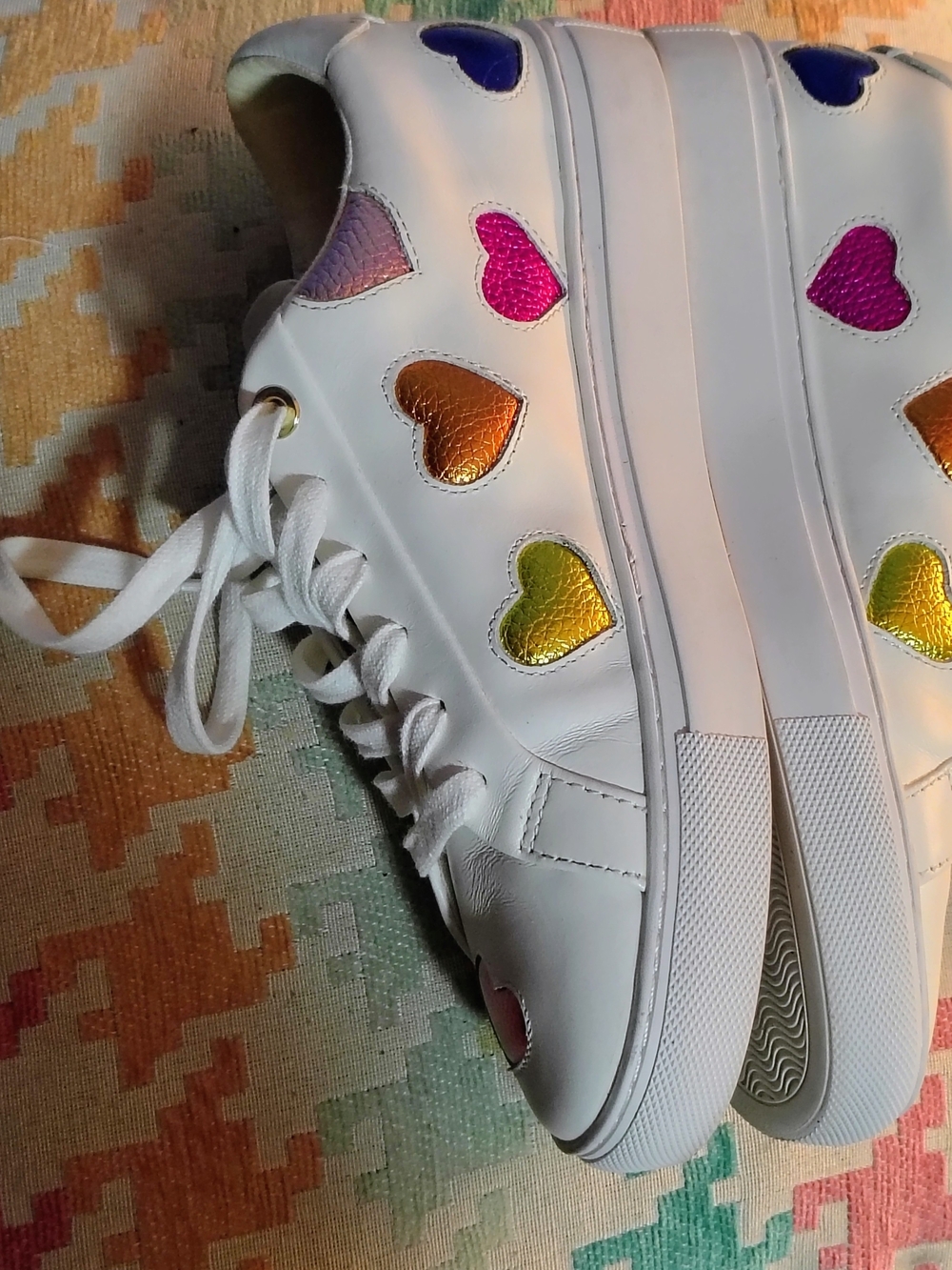 😎🔥🔥 KURT GEIGER - White Leather Sneakers with Metallic Leather Hearts 🌈 - Picture 9 of 15